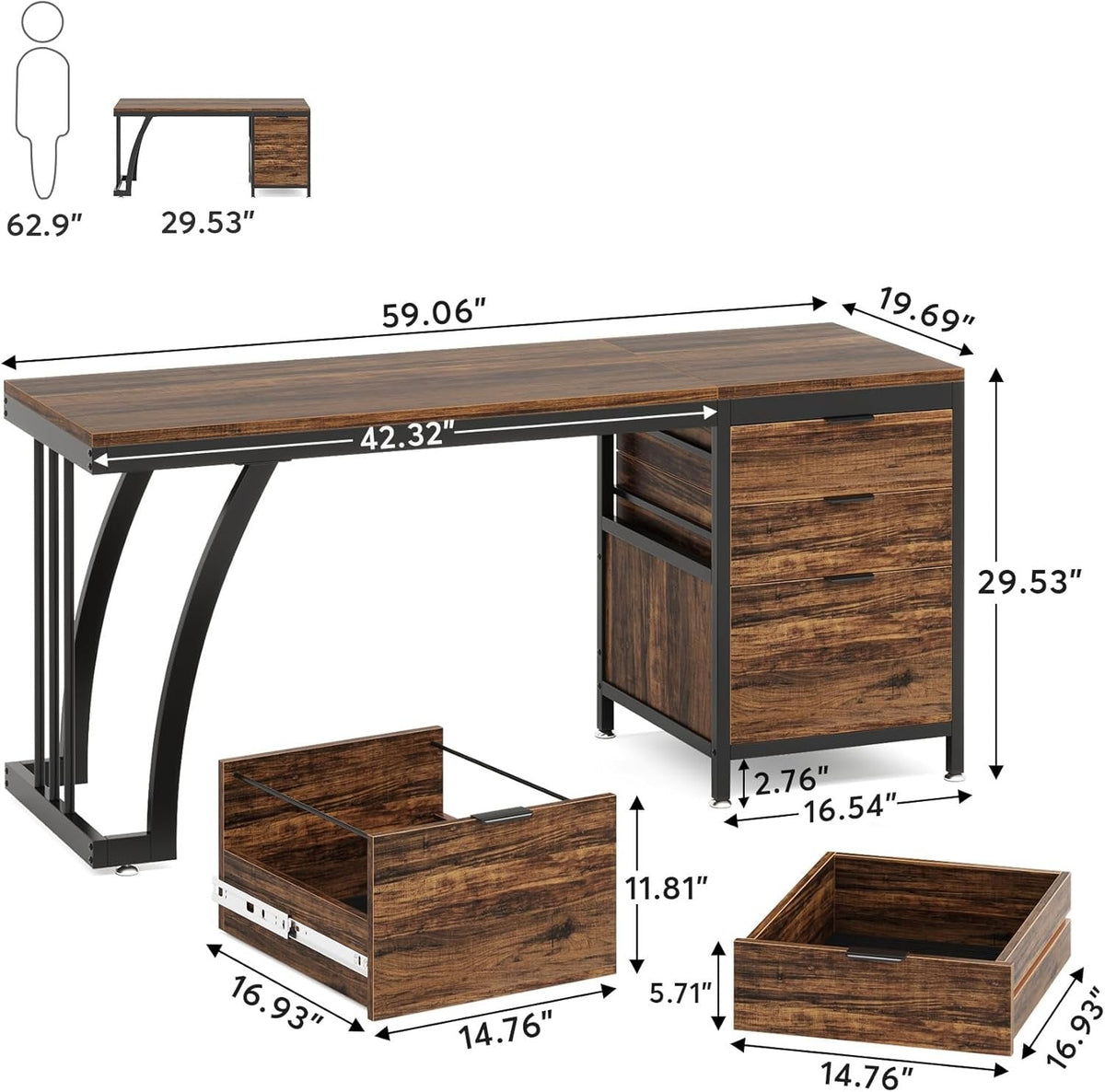 Industrial Computer Desk, 59" Study Desk with Reversible Drawer Cabinet