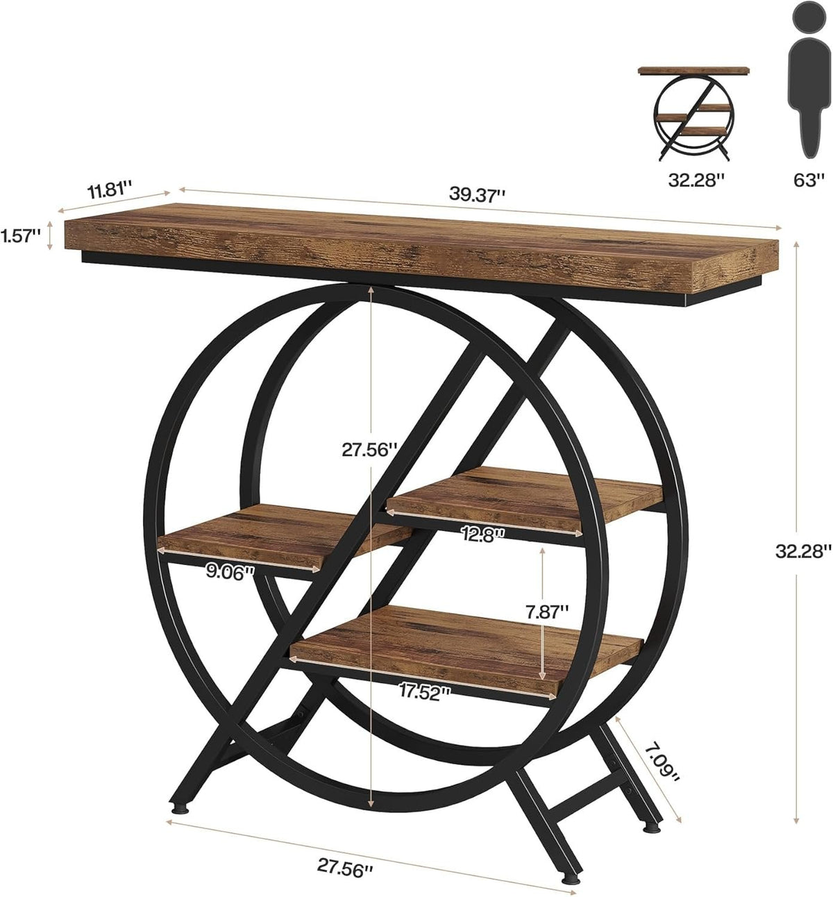 4-Tier Console Table, 39.4" Entryway Table with Geometric Metal Frame
