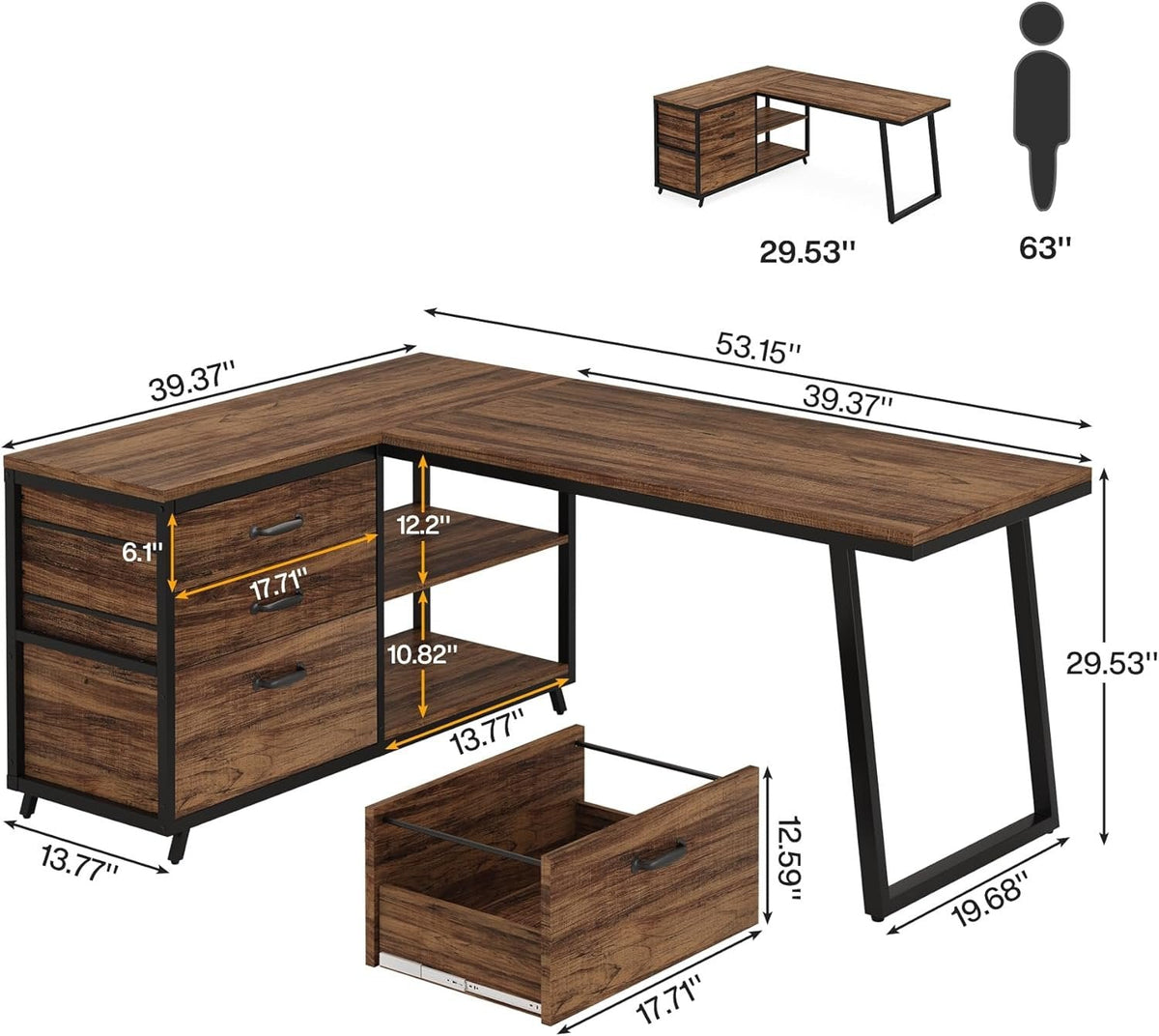 53" Reversible L-Shaped Computer Desk With 3 Drawers & Shelves