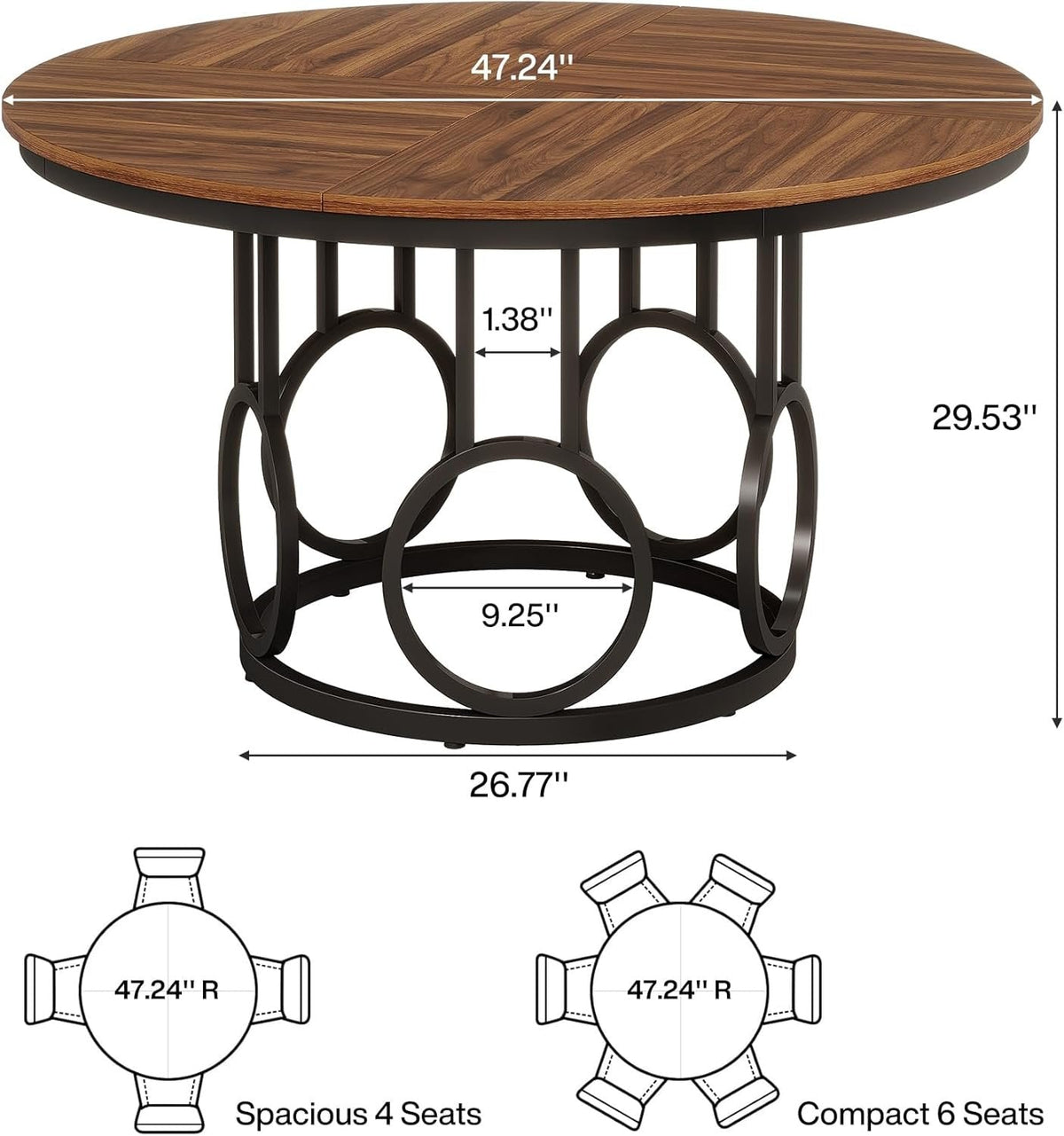 47" Wood Dining Table, Round Kitchen Table for 4-6 People