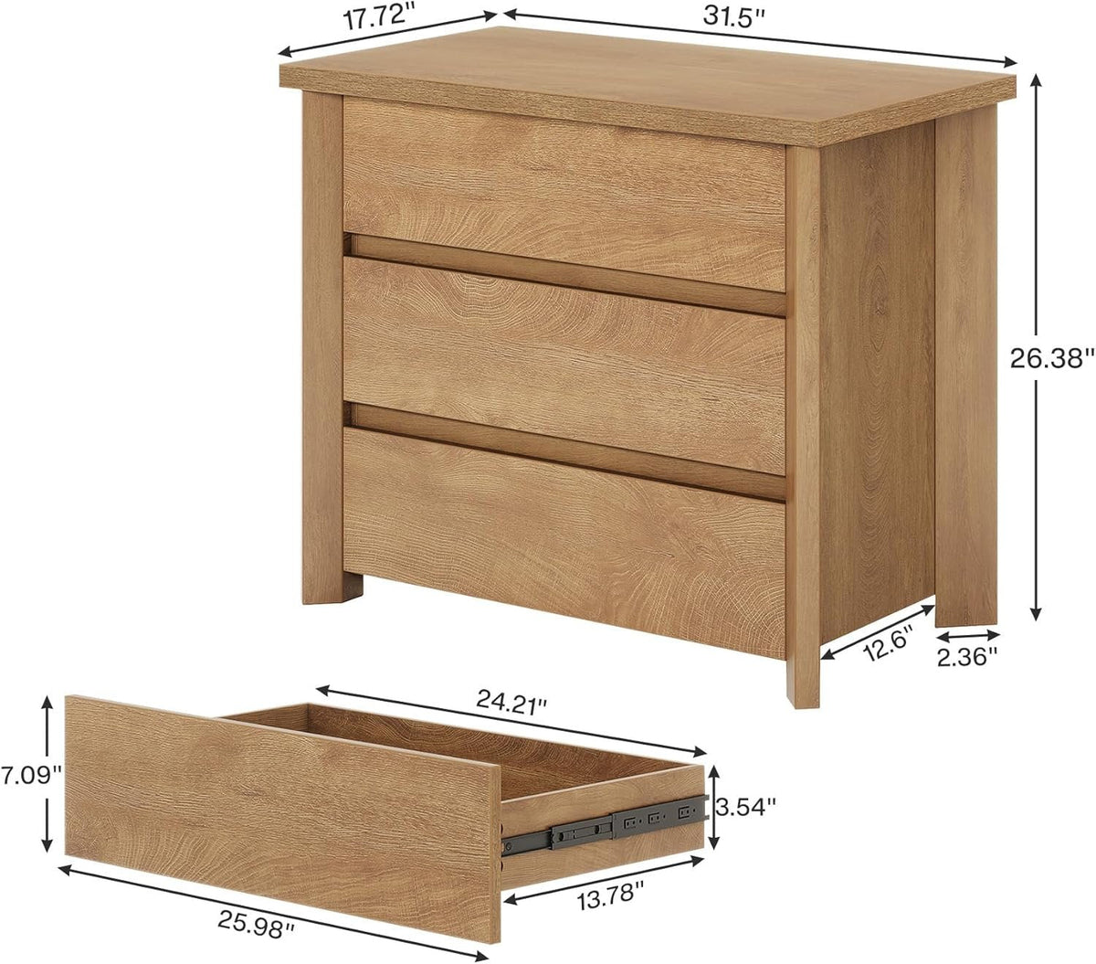 31.5" Wide Nightstand, Farmhouse Bedside Table with 3 Storage Drawers