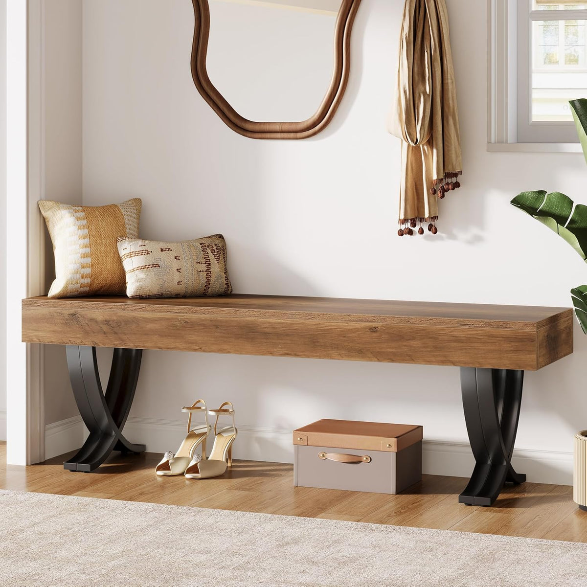 55" Entryway Shoe Bench, Industrial End of Bed Stool with Metal X-Shaped Legs