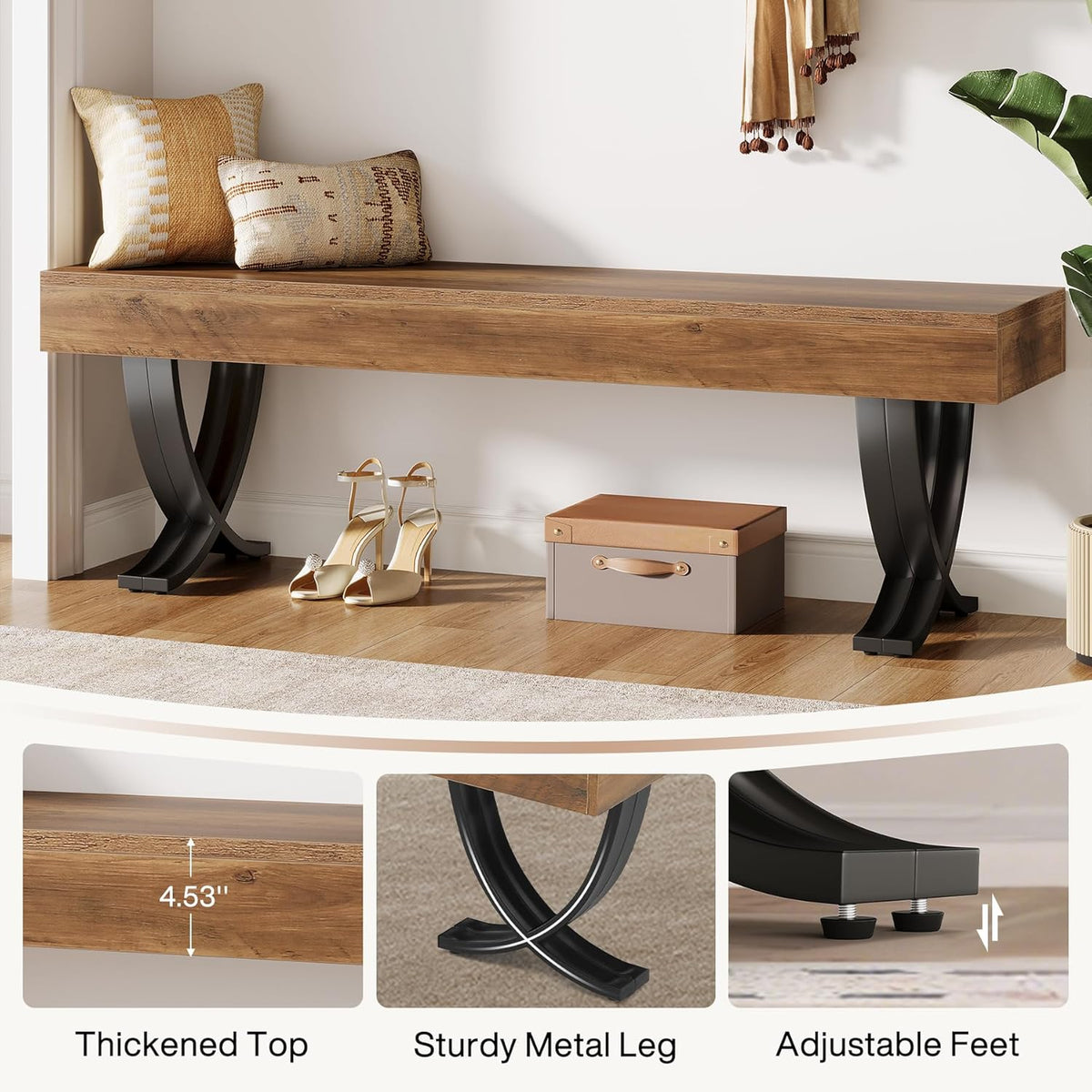 55" Entryway Shoe Bench, Industrial End of Bed Stool with Metal X-Shaped Legs
