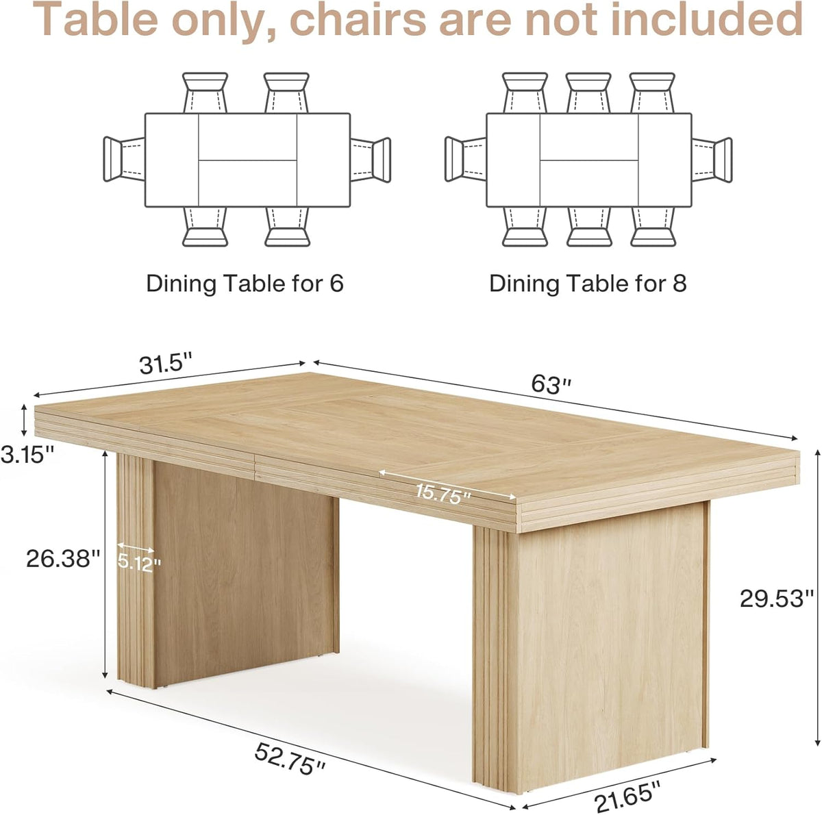 63" Dining Table for 6, Modern Kitchen Table with Fluted Line