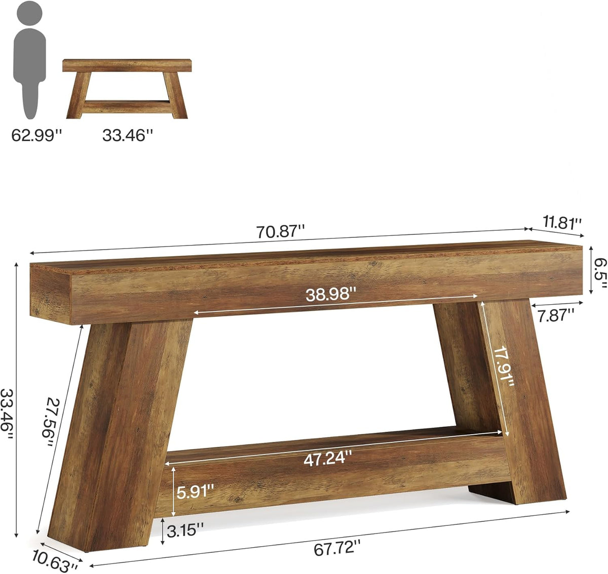 70.87" Console Table, Farmhouse 2-Tier Sofa Table with Open Storage Shelf
