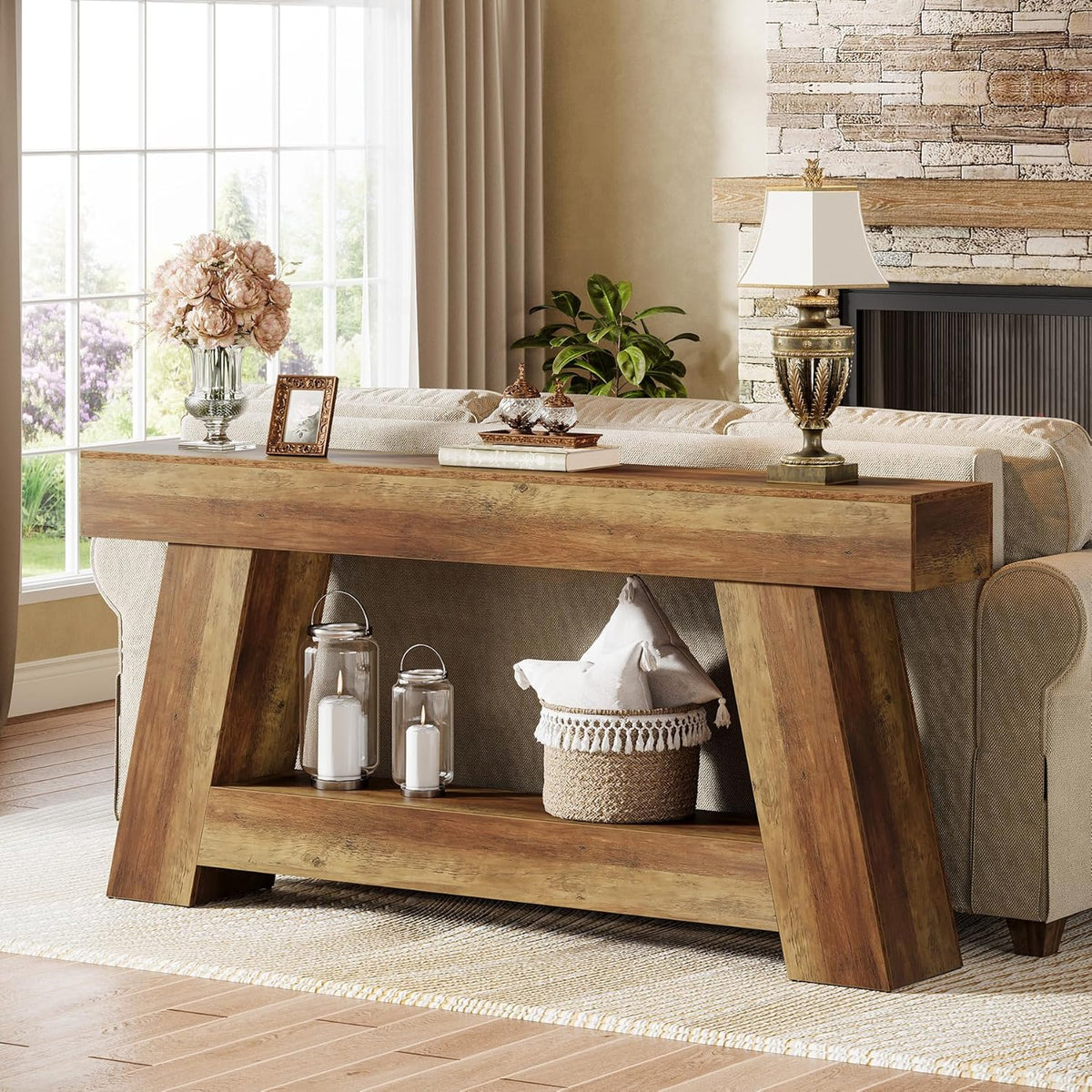 70.87" Console Table, Farmhouse 2-Tier Sofa Table with Open Storage Shelf