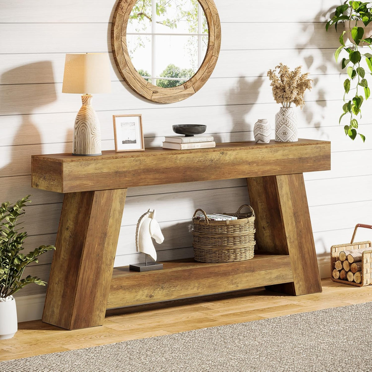 70.87" Console Table, Farmhouse 2-Tier Sofa Table with Open Storage Shelf