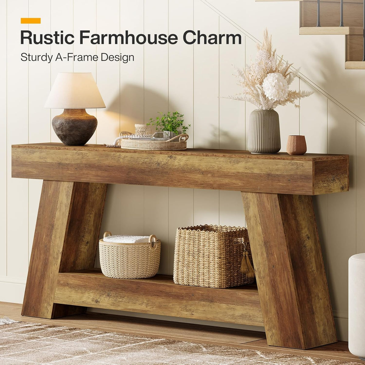 70.87" Console Table, Farmhouse 2-Tier Sofa Table with Open Storage Shelf