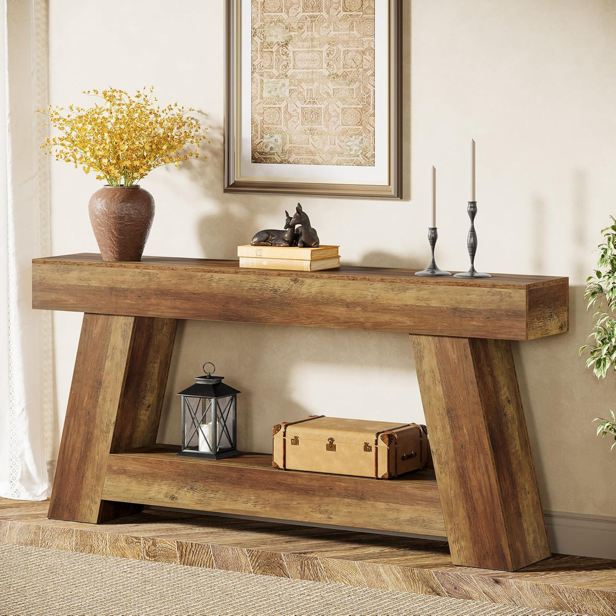 70.87" Console Table, Farmhouse 2-Tier Sofa Table with Open Storage Shelf