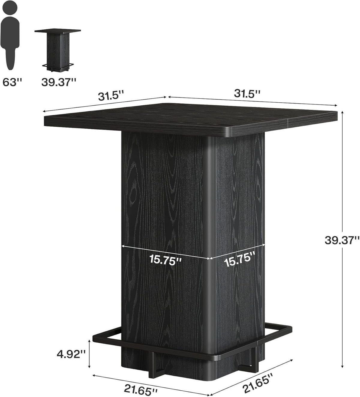 Square Bar Table, 39.37" Bistro Pub Table with Metal Frame Footrest