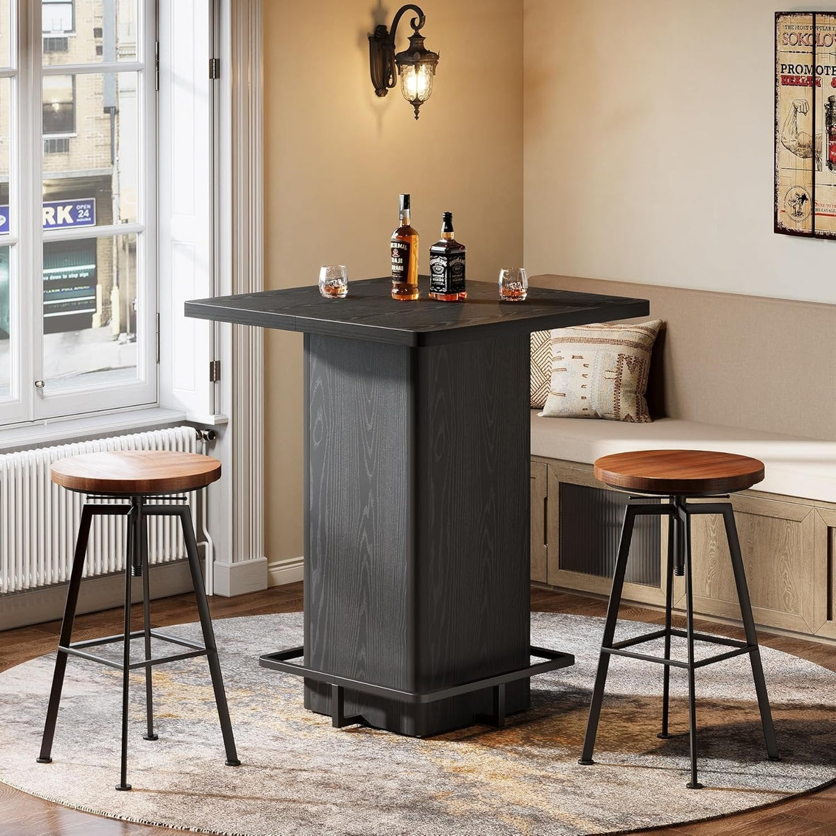 Square Bar Table, 39.37" Bistro Pub Table with Metal Frame Footrest