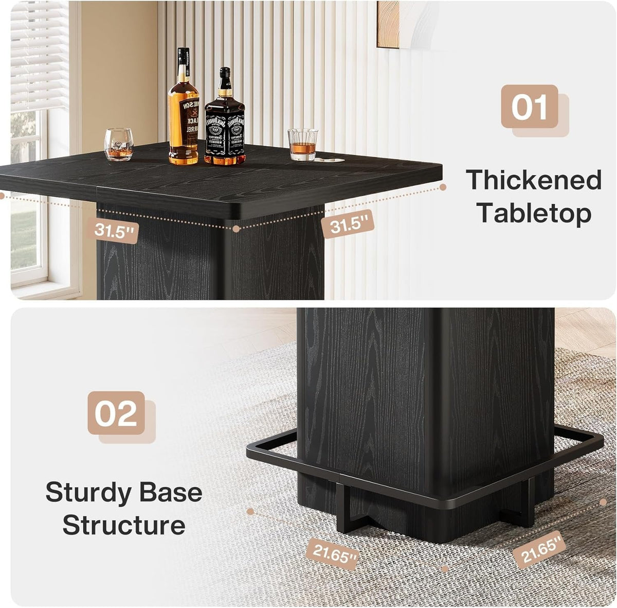 Square Bar Table, 39.37" Bistro Pub Table with Metal Frame Footrest