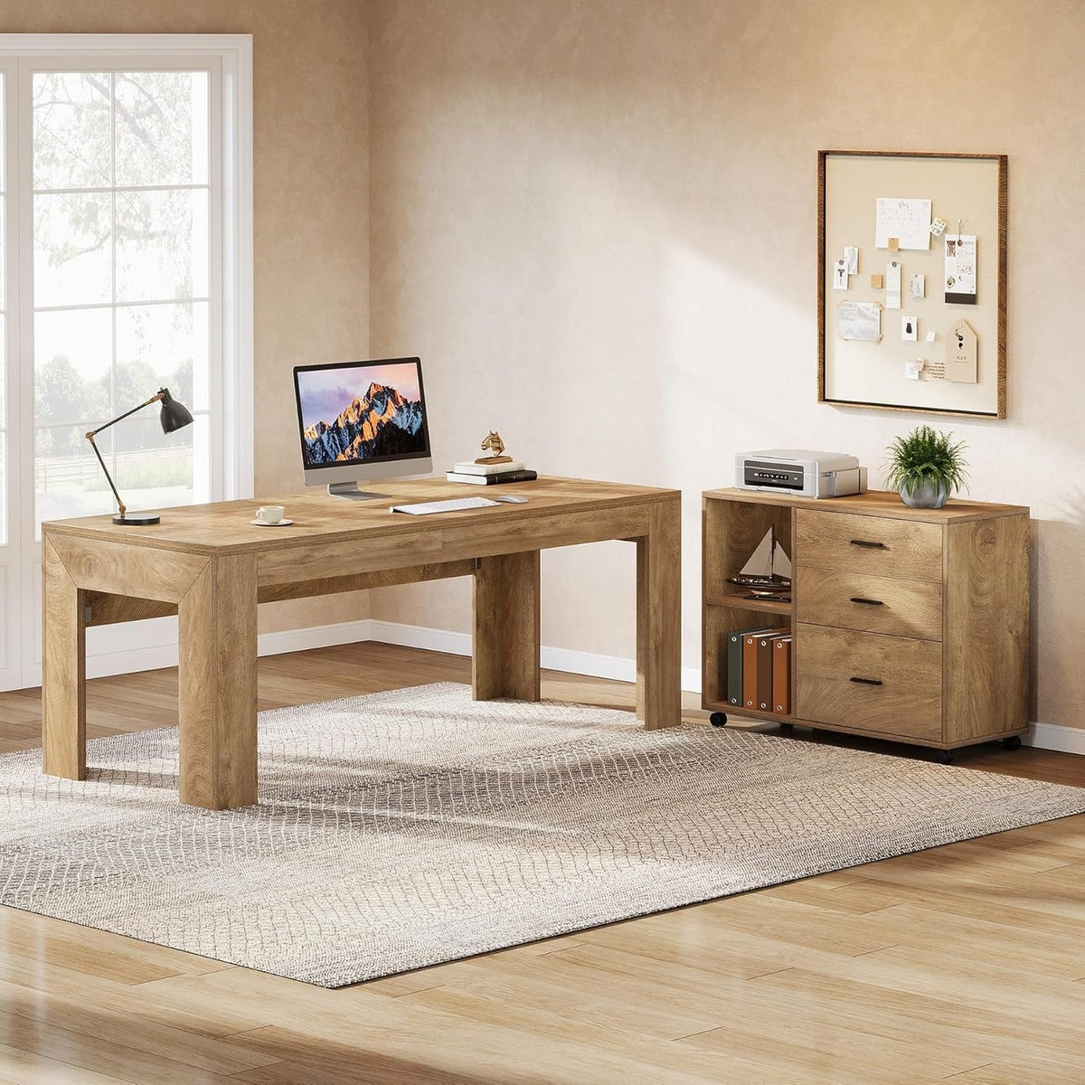 63" L Shaped Desk with Storage, Executive Office Desk with Mobile Lateral File Cabinet