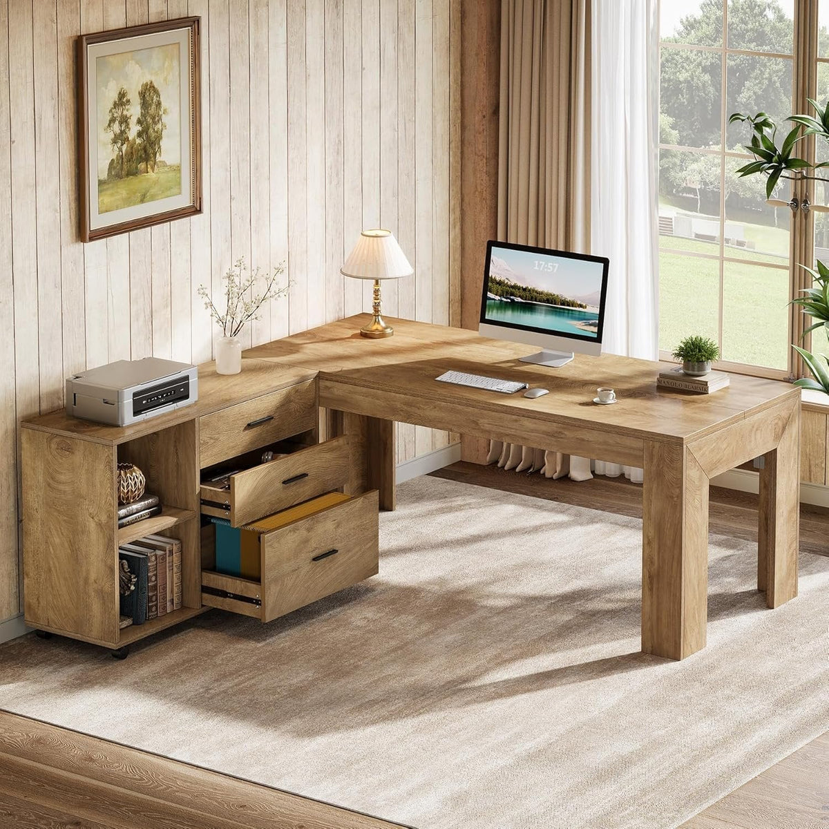 63" L Shaped Desk with Storage, Executive Office Desk with Mobile Lateral File Cabinet