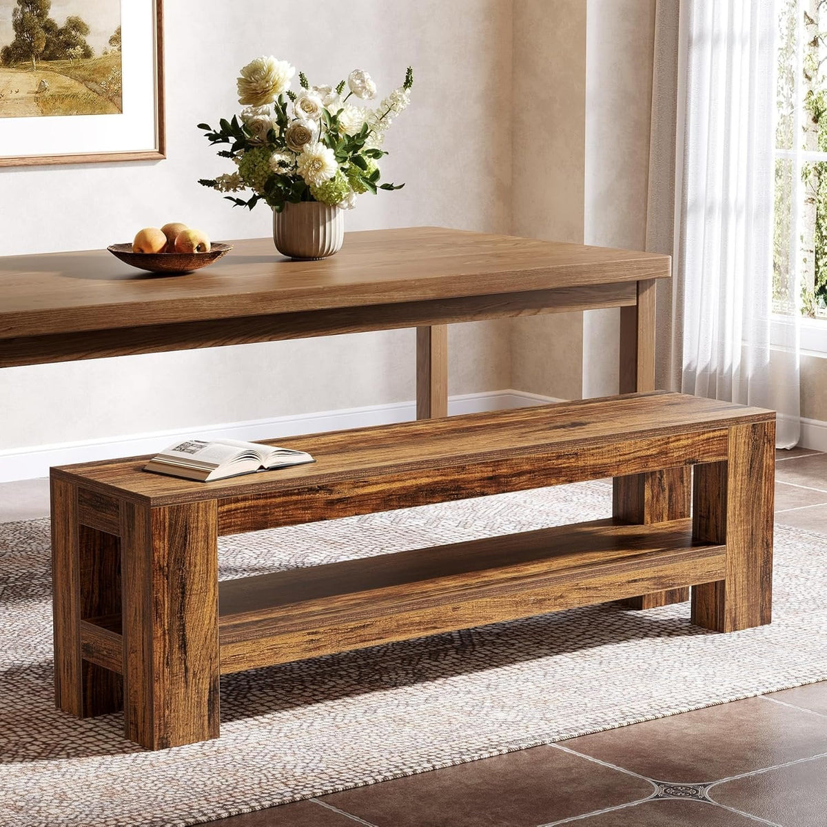 59" Dining Bench with Shelf, Farmhouse Kitchen Table Bench for Dining Room