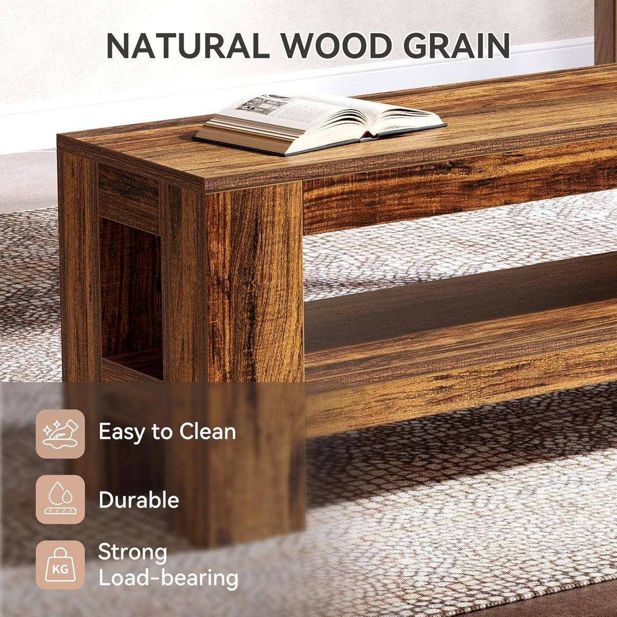 59" Dining Bench with Shelf, Farmhouse Kitchen Table Bench for Dining Room