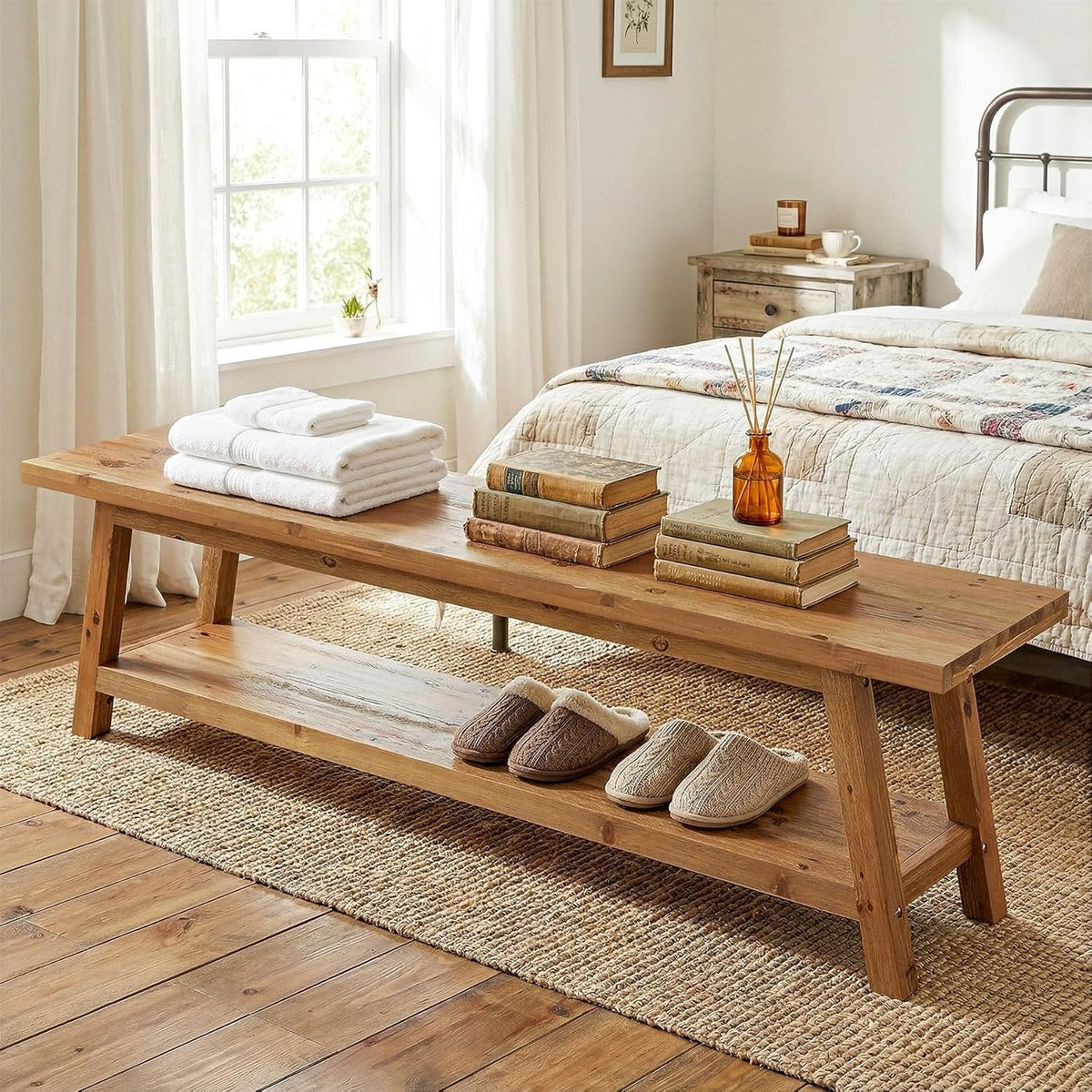 63" Solid Wood Dining Bench, Farmhouse Kitchen Bench Seating with Shelf