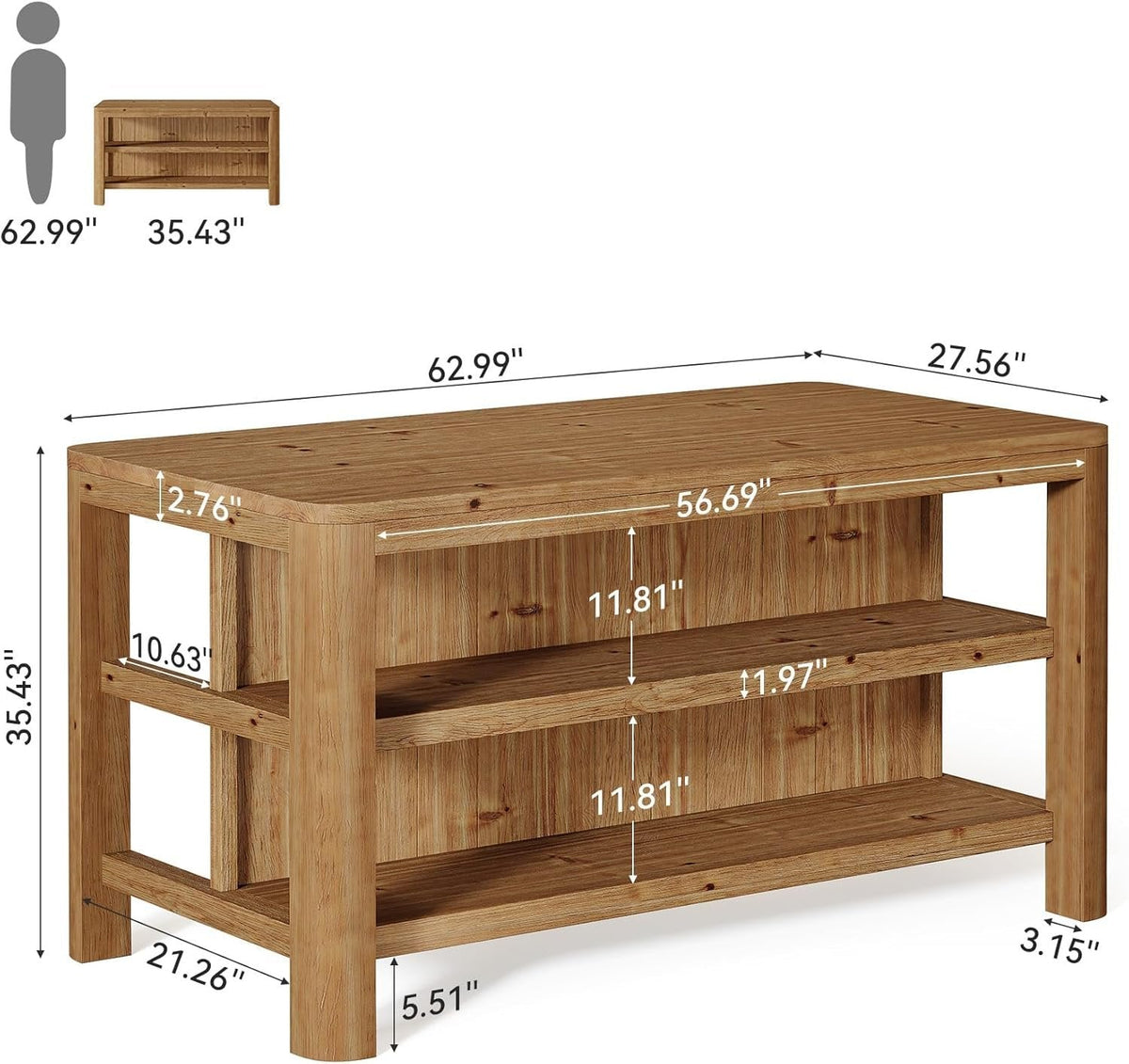 Solid Wood Bar Table, 63" Counter Height Pub Table with Storage Shelves