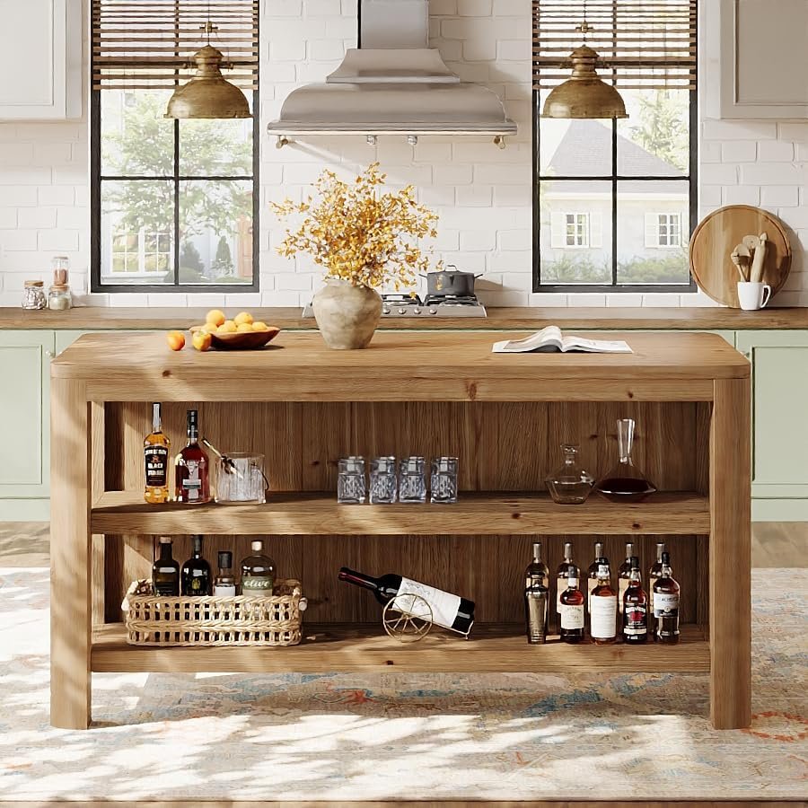 Solid Wood Bar Table, 63" Counter Height Pub Table with Storage Shelves