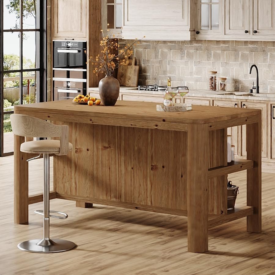 Solid Wood Bar Table, 63" Counter Height Pub Table with Storage Shelves