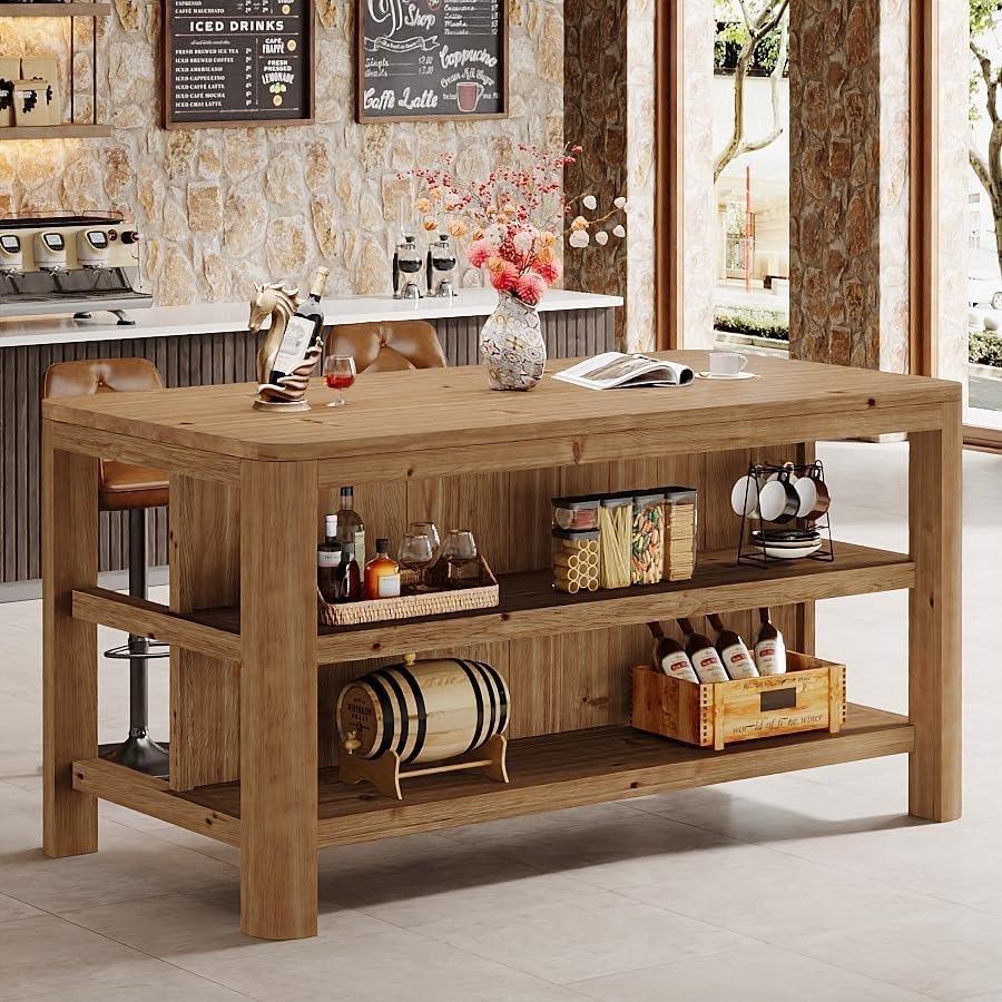 Solid Wood Bar Table, 63" Counter Height Pub Table with Storage Shelves