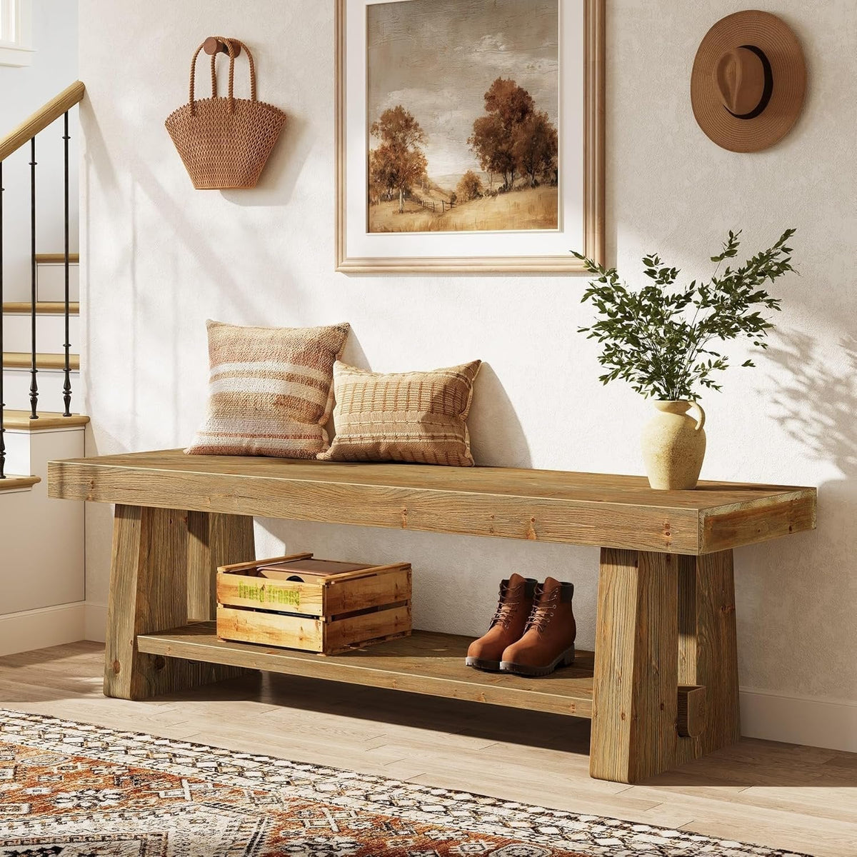 63" Solid Wood Entryway Bench, 2-Tier Shoe Storage Bench for Hallway