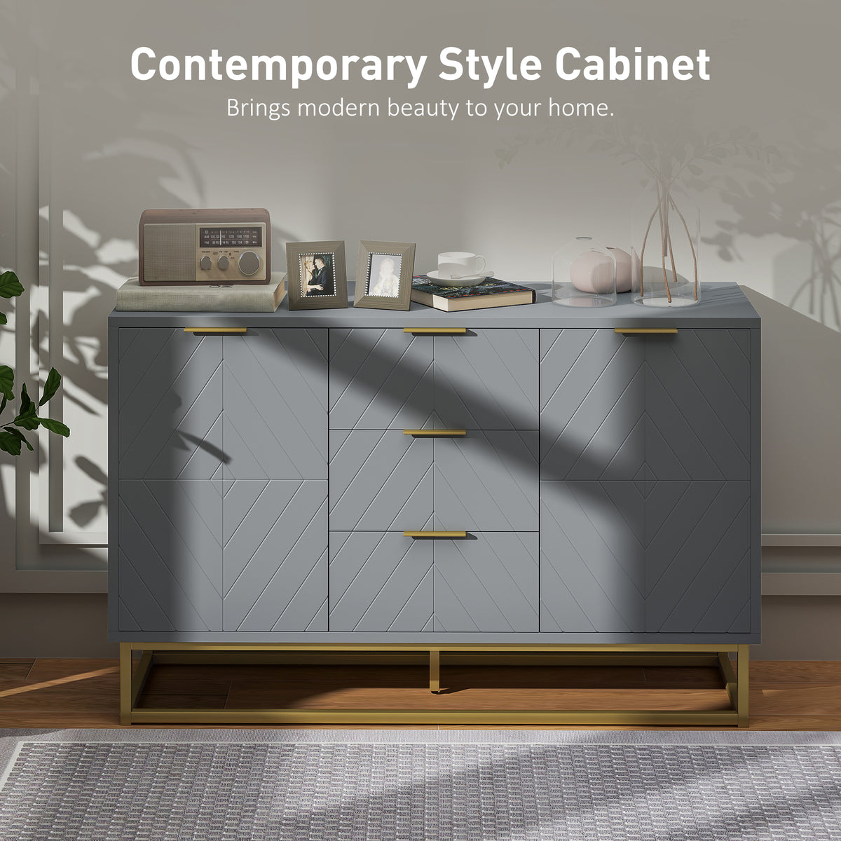 47" Sideboard with 3 Drawers and Gold Base, Grey