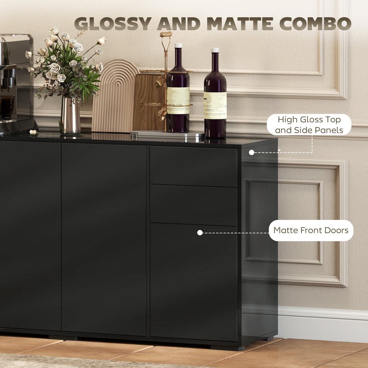 Modern Coffee Bar Cabinet with Push-Open Design and 2 Drawers – 55"W x 29"H