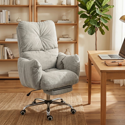 Office Chair with Footrest, Ergonomic Reclining Computer Gaming Chair with Snow Flannel Fabric, Light Grey