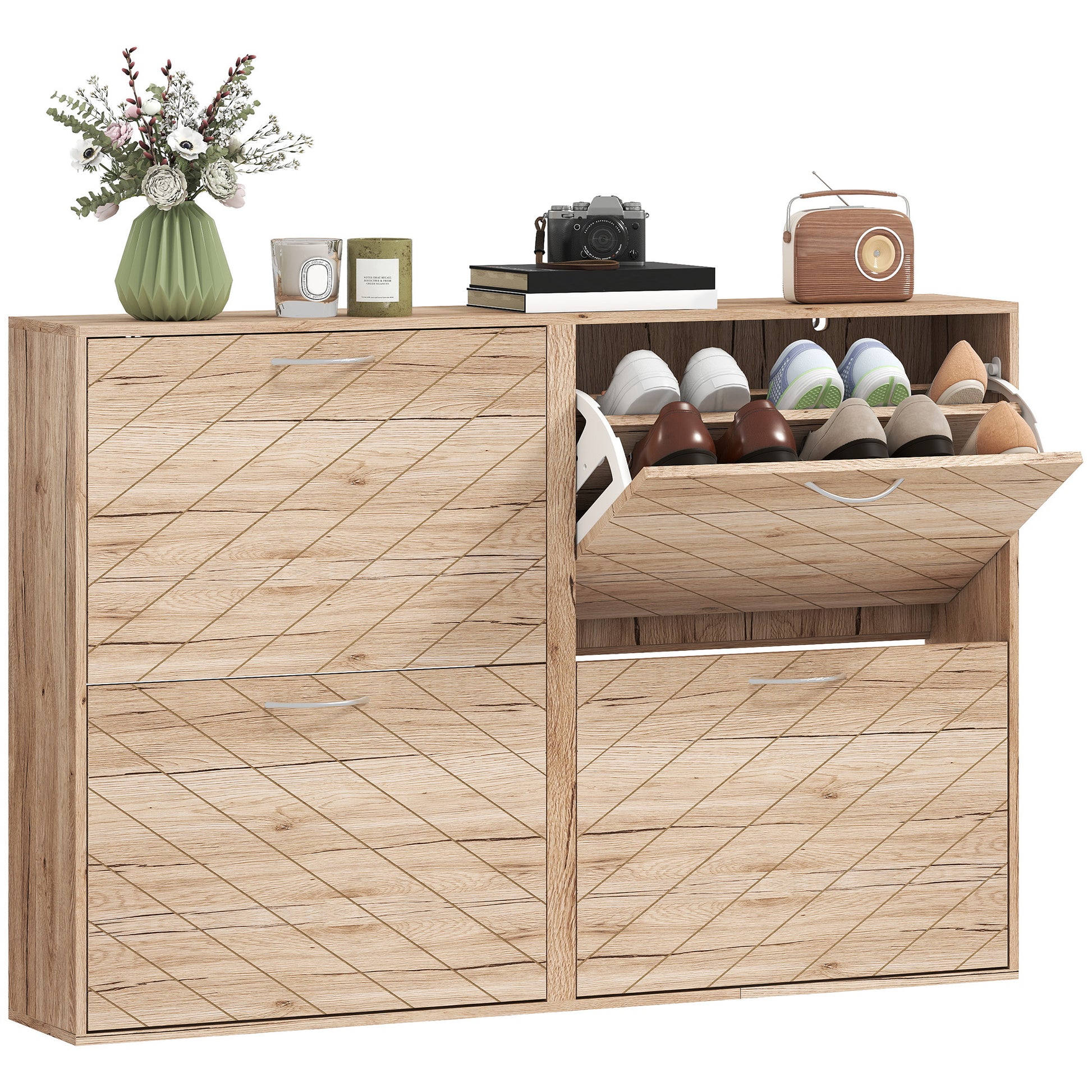 HOMCOM Slim Oak 4-Drawer Shoe Cabinet for 12 Pairs, Entryway Storage