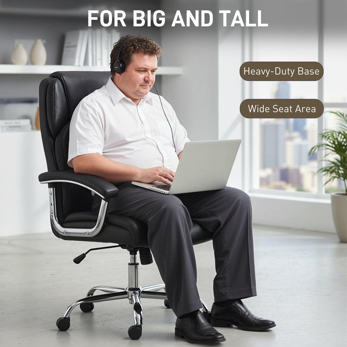 Big and Tall Office Chair 400 lbs, Desk Chair with Spring Cushion, PU Leather, Black
