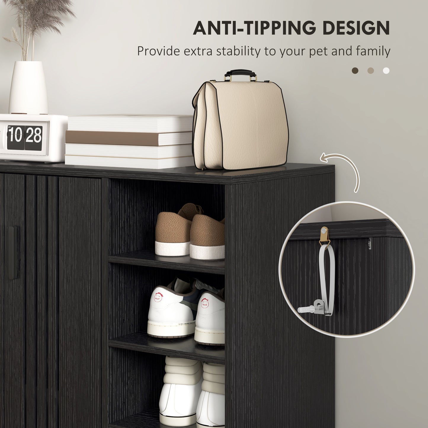 HOMCOM Black Entryway Shoe Storage Cabinet with Double Doors & Open Shelves