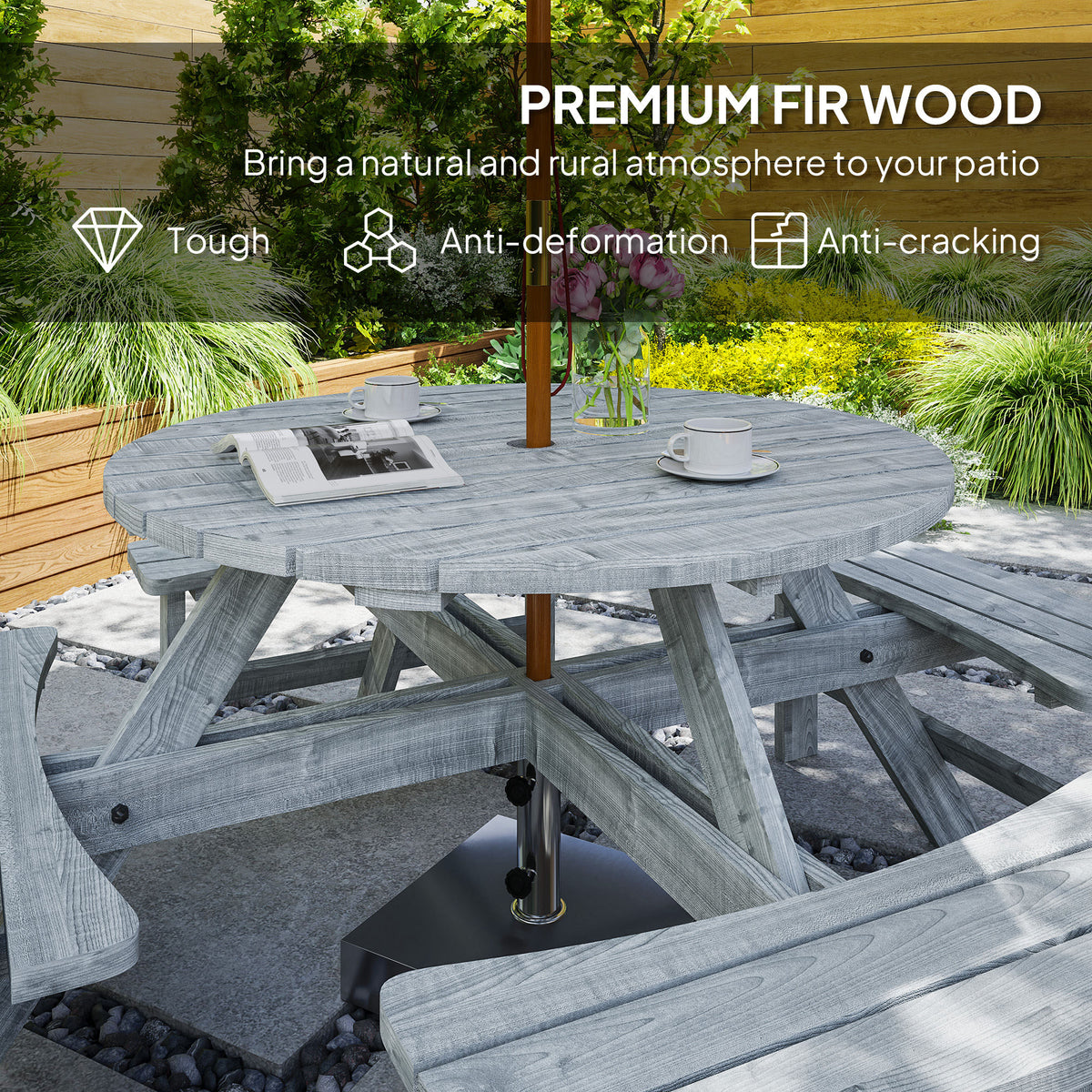 8 Seater Round Wooden Pub Bench & Picnic Table, Patio Dining Set for Outdoor Patio (Umbrella Not Included) – Grey