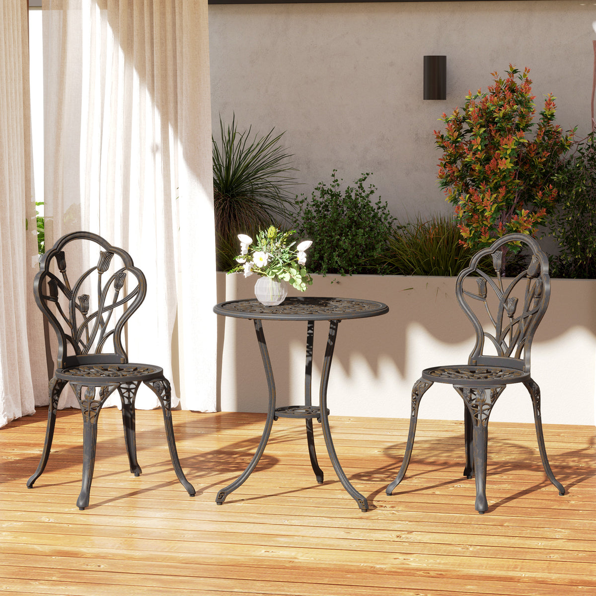 3PCs Patio Bistro Set, Outdoor Cast Aluminum Garden Table and Chairs with Umbrella Hole for Balcony, Bronze – Bronze