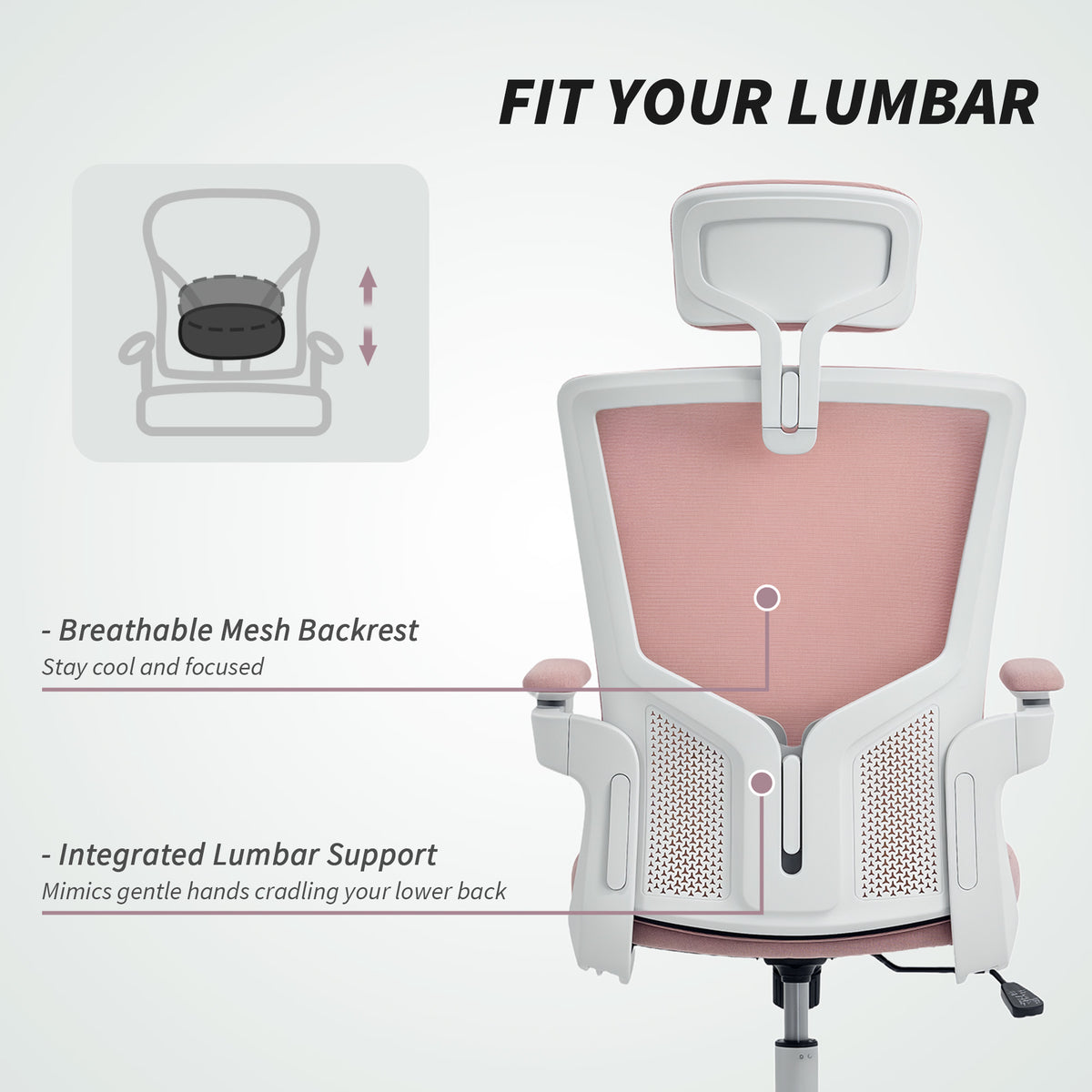 Ergonomic Office Chair, Swivel Desk Chair with Adjustable Lumbar Support, Pink