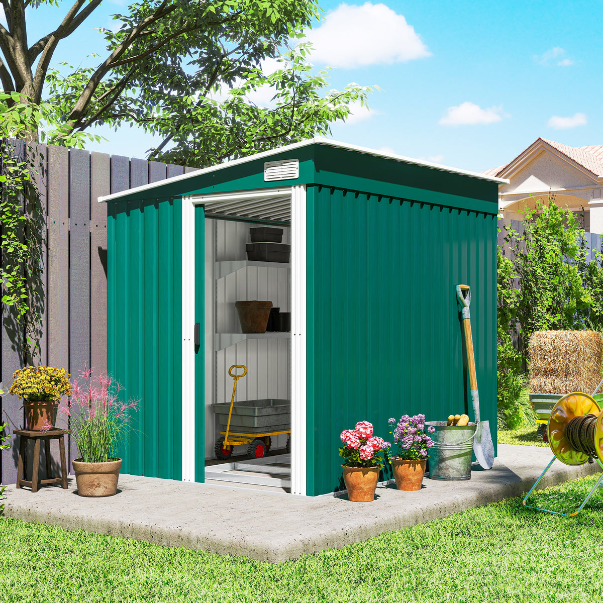 5'x7' Lean to Metal Garden Shed with Foundation, Outdoor Tool Shed with Sliding Door and 2 Vents – Green