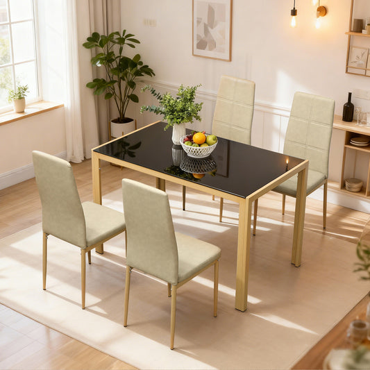 5-Piece Rectangular Glass Dining Set for 4 with Faux Leather Chairs