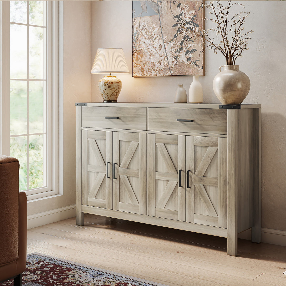 Farmhouse Kitchen Storage Cabinet with 2 Drawers and Shelves – 47"W x 33"H