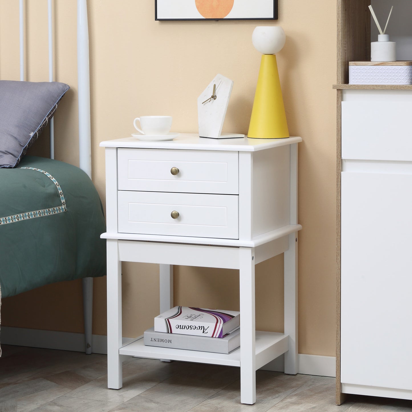 Modern White Nightstand End Table with Drawers and Storage Shelf