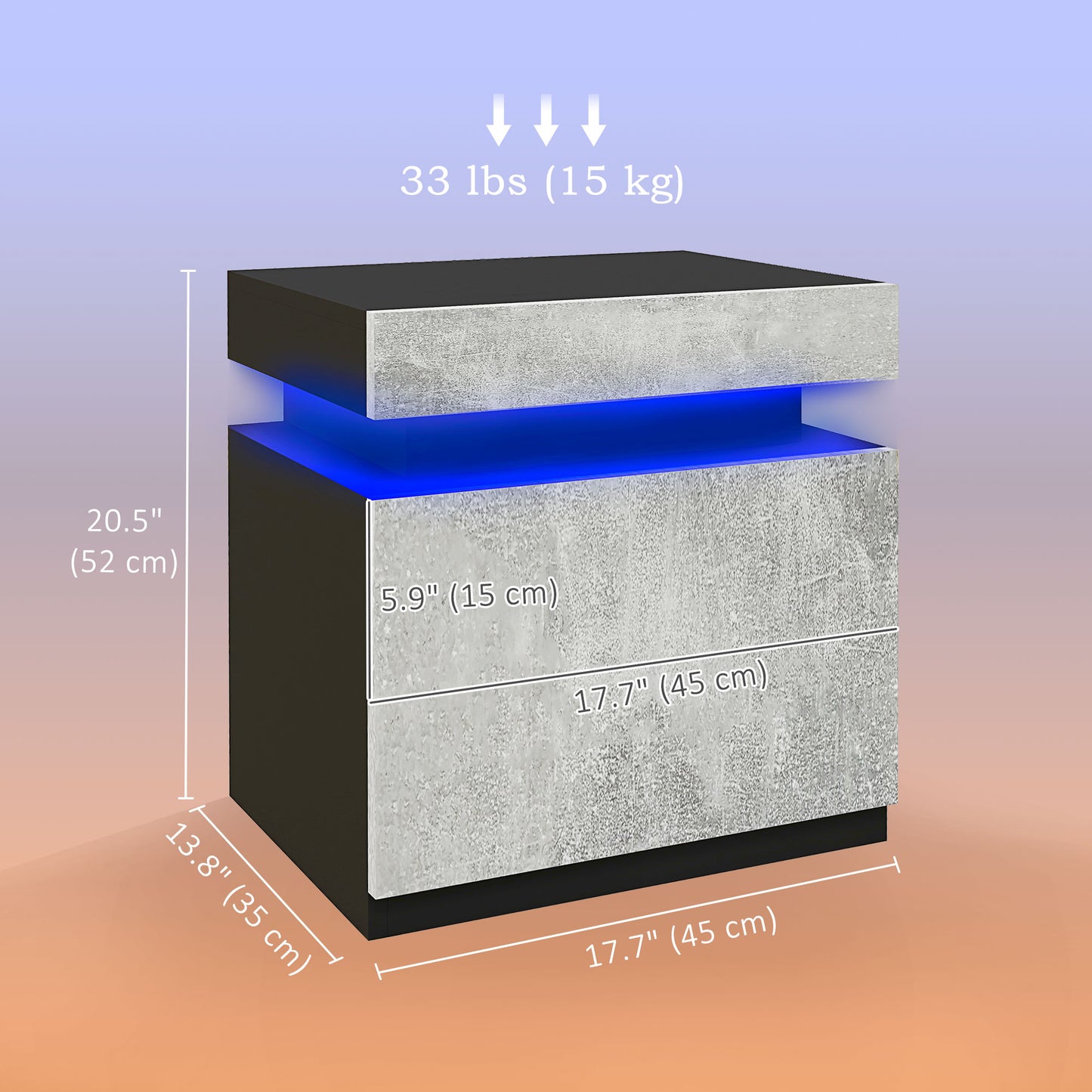 Modern High Gloss Nightstand Bedside Table with LED Lights, 2 Drawers, Grey