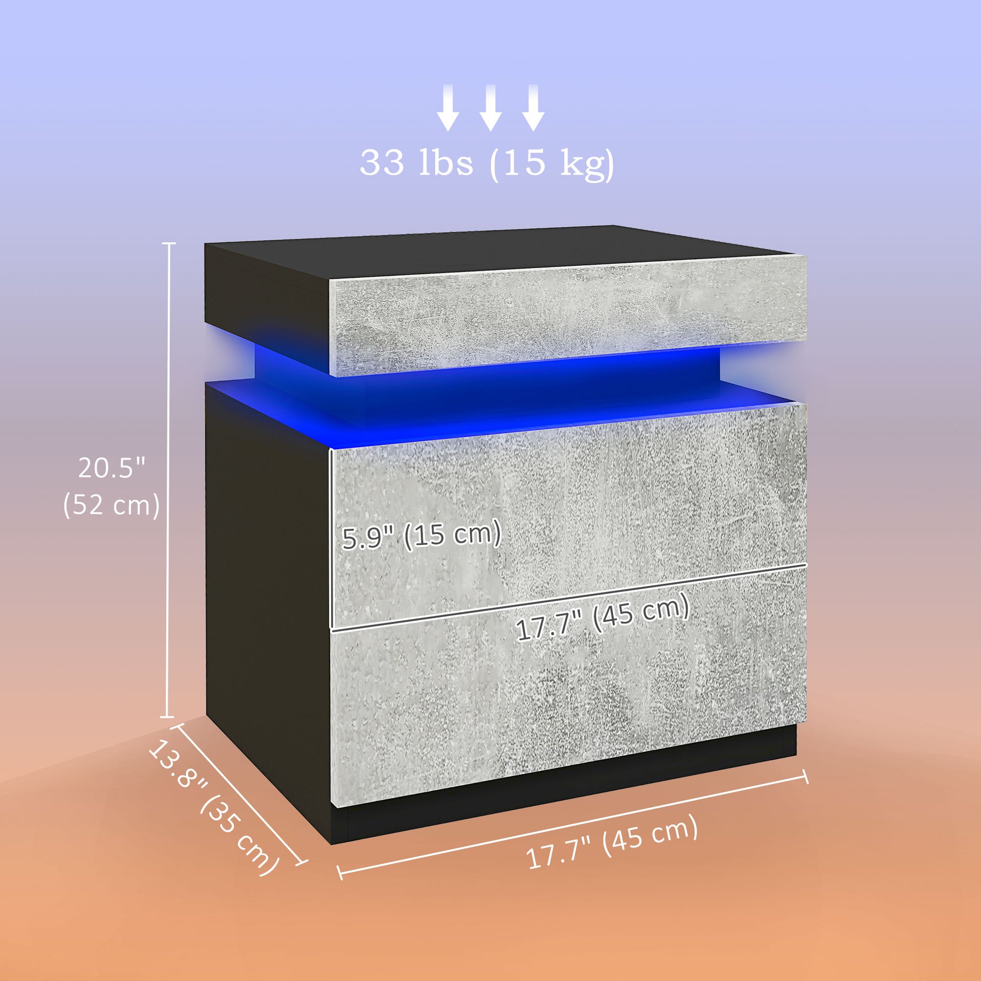 Modern High Gloss Nightstand Bedside Table with LED Lights, 2 Drawers, Grey