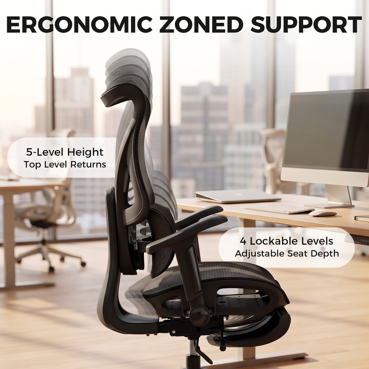 Ergonomic Office Chair with Lumbar Support, Mesh Reclining Desk Chair with Footrest, Black