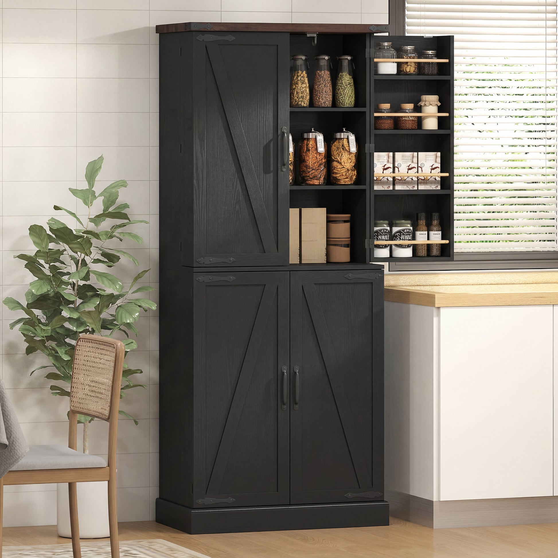 HOMCOM Tall Kitchen Pantry Cabinet Farmhouse Black