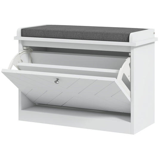 HOMCOM Upholstered Hallway Shoe Storage Bench with Flip Drawer, Adjustable Shelf