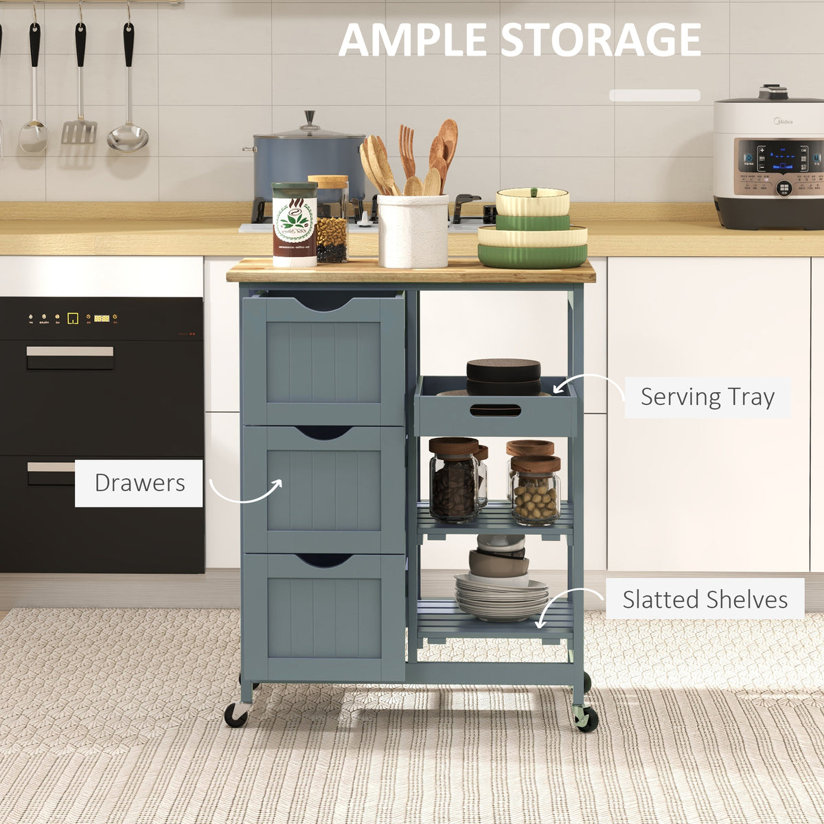 Rolling Kitchen Island Cart with Wood Top – 26"W x 34"H