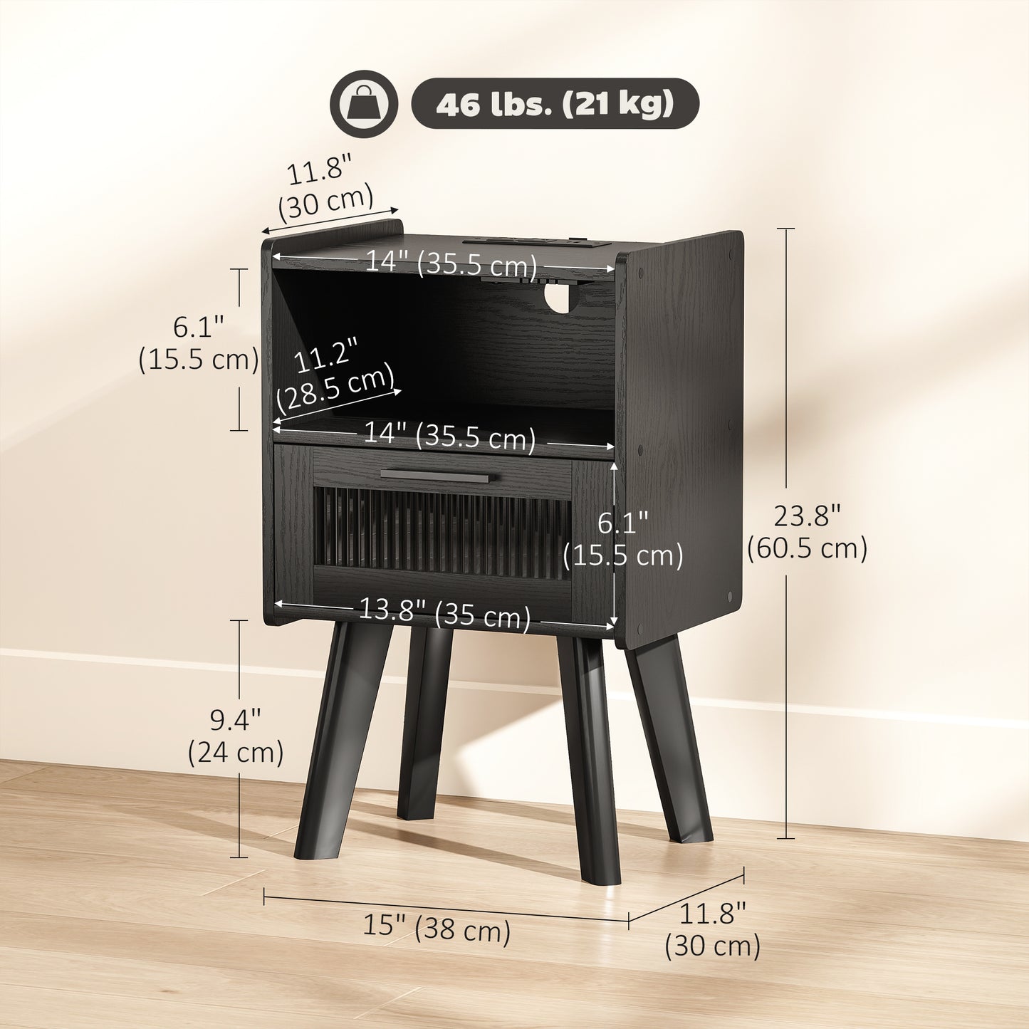 HOMCOM Modern Black Nightstands Set of 2 with Charging Station