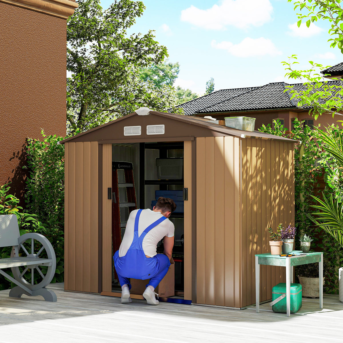 7'x 4'x 6' Garden Tool Shed Metal Storage Shed w/ Foundation Kit, Vents and Double Doors – Yellow
