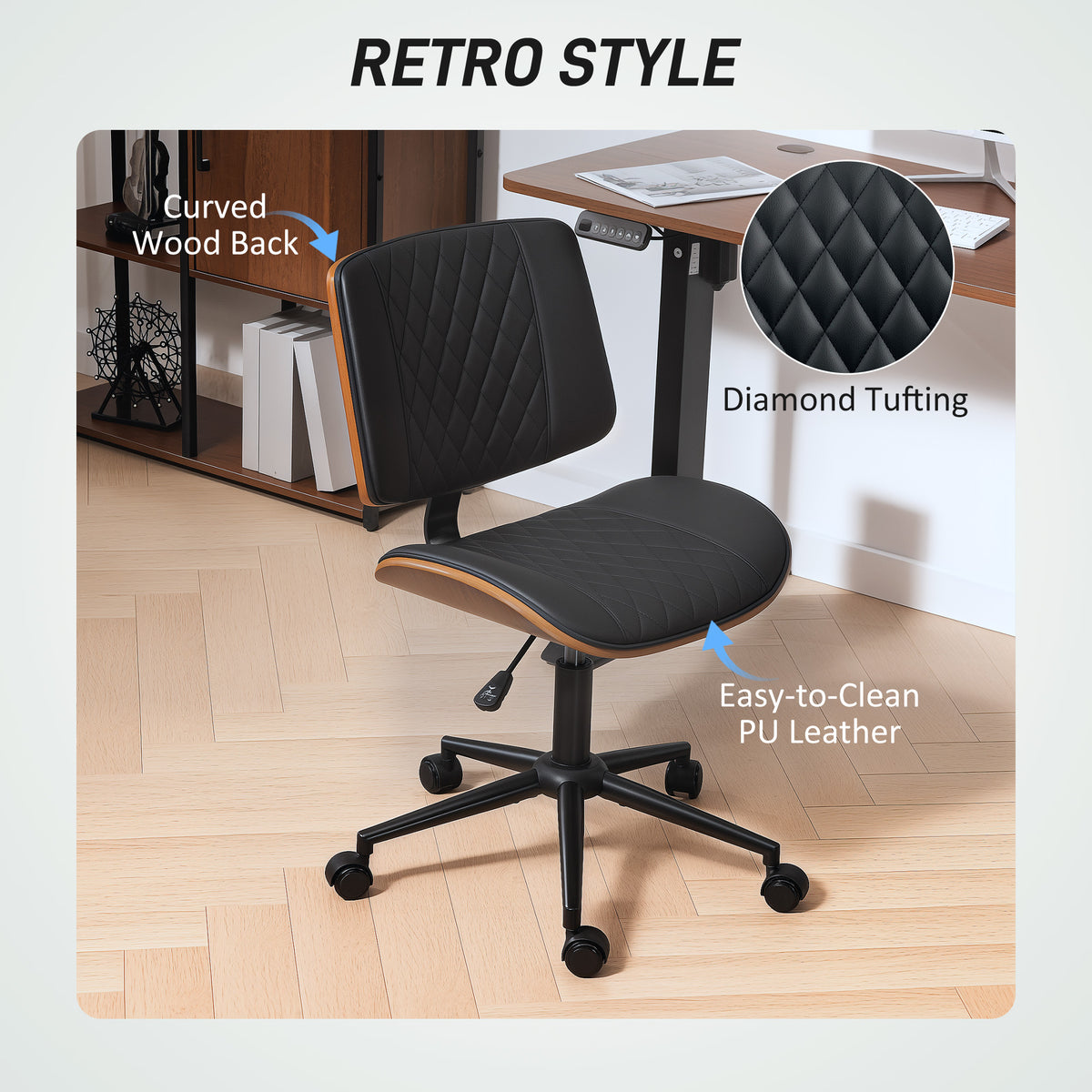 Office Chair No Arms with Wheels, PU Leather Desk Chair with Adjustable Height, Black