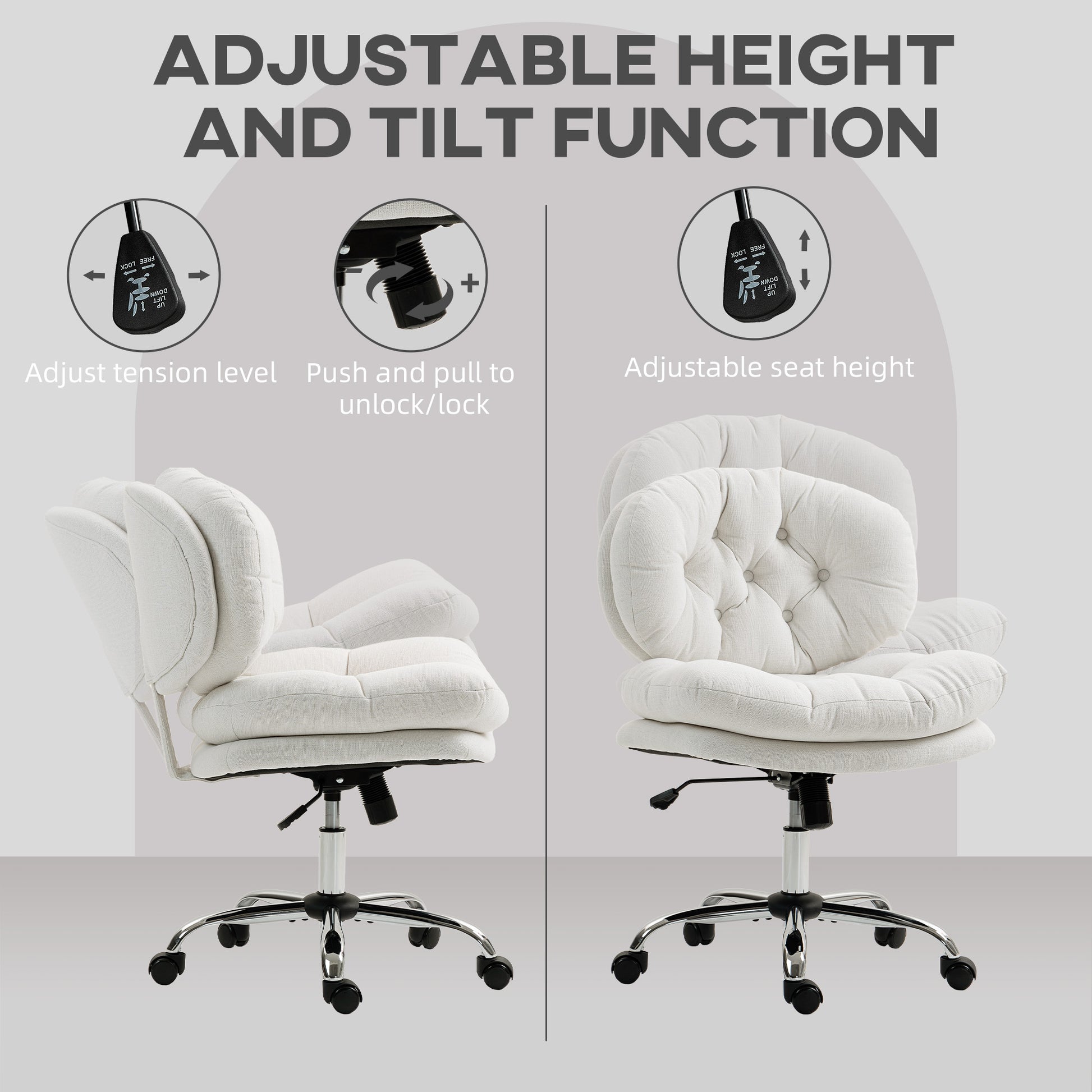 HOMCOM Armless Computer Office Chair, Wide Padded Seat, Adjustable Height, Cream White