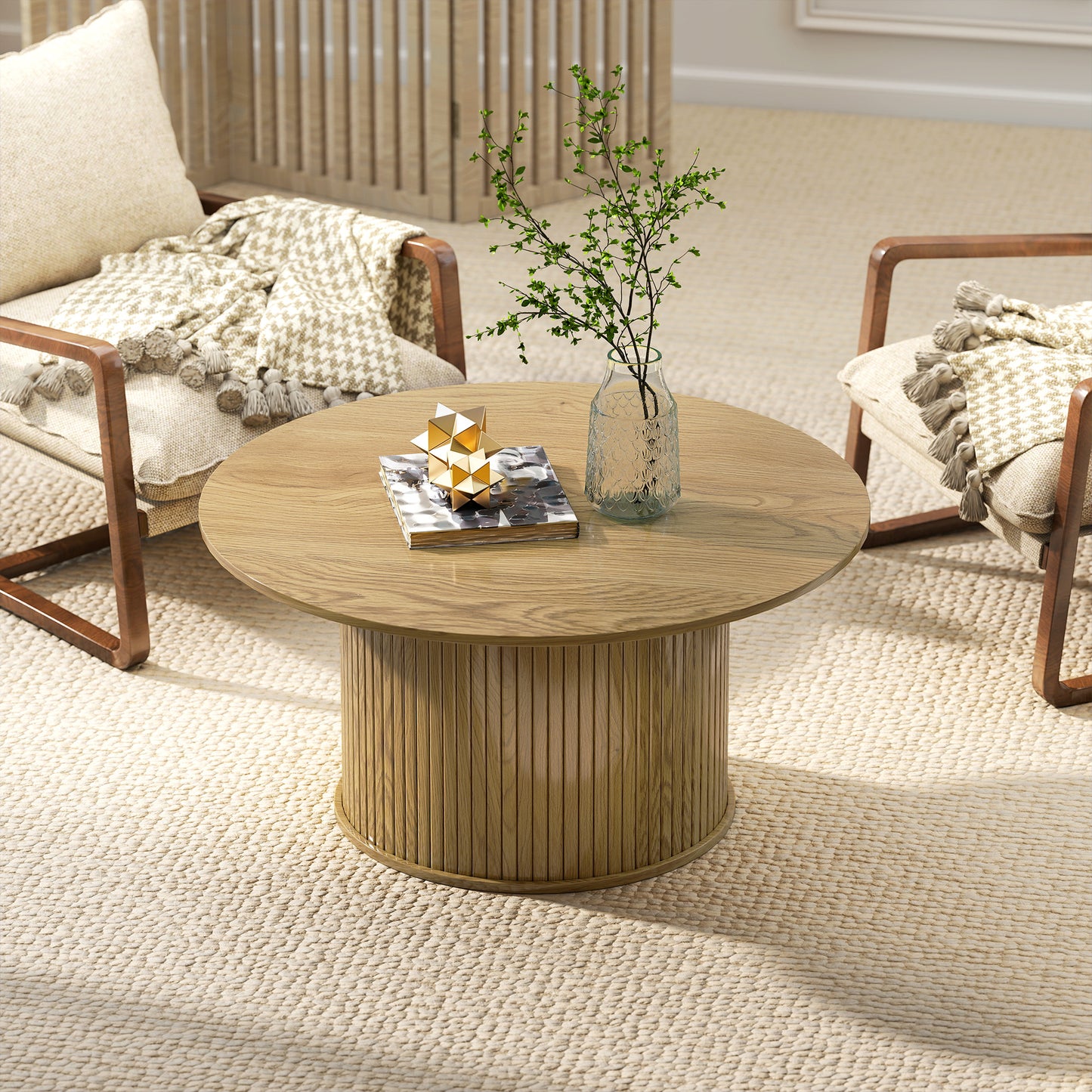 HOMCOM Nordic Round Oak Coffee Table with Fluted Cylindrical Base for Living Room